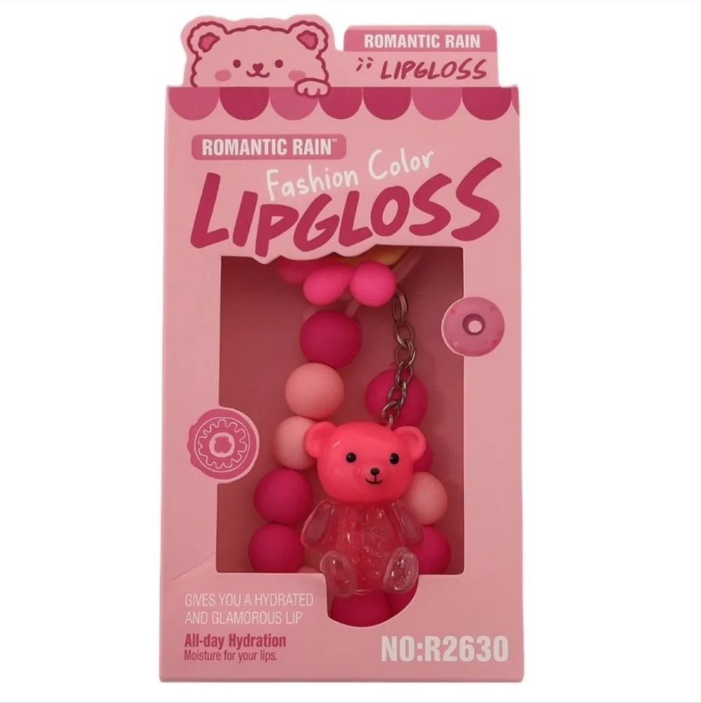 Romantic Rain Pink Bear Lip Gloss Key Chain Nwt